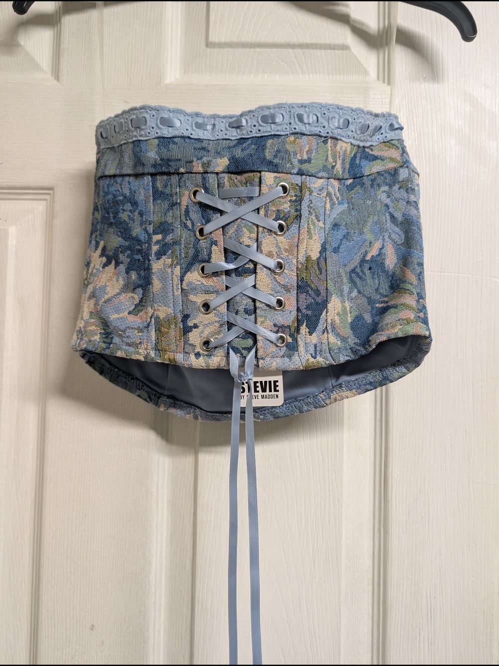 Steven By Steve Madden Blue Multi Floral Lace-Up Crop Top